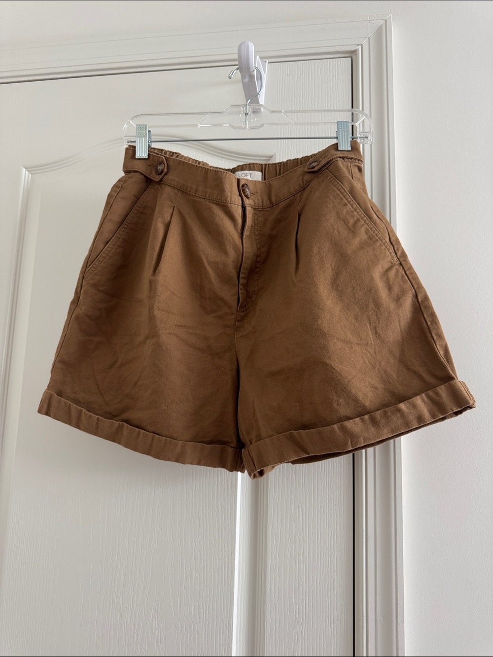 LOFT Brown Rolled-Hem High-Rise Cotton Shorts